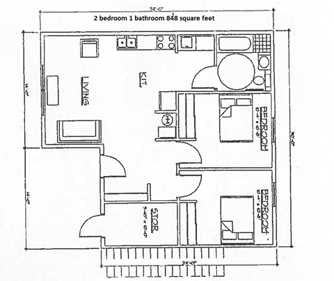Floor plan for 2 beds, 1 bath, 750 sqft